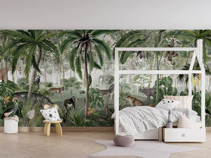 Jungle Lookbook letër murale me palma dhe kafshë tropikale.