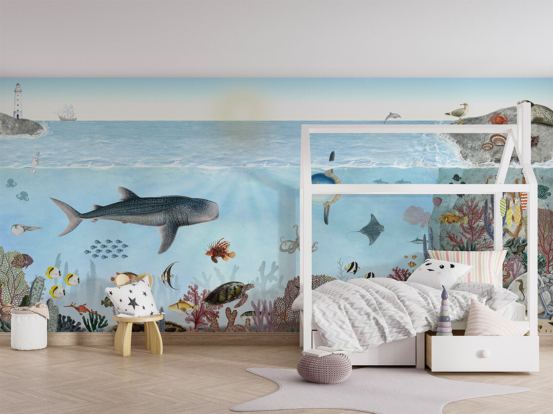 Ocean Lookbook letër murale me balena dhe jetë nënujore.