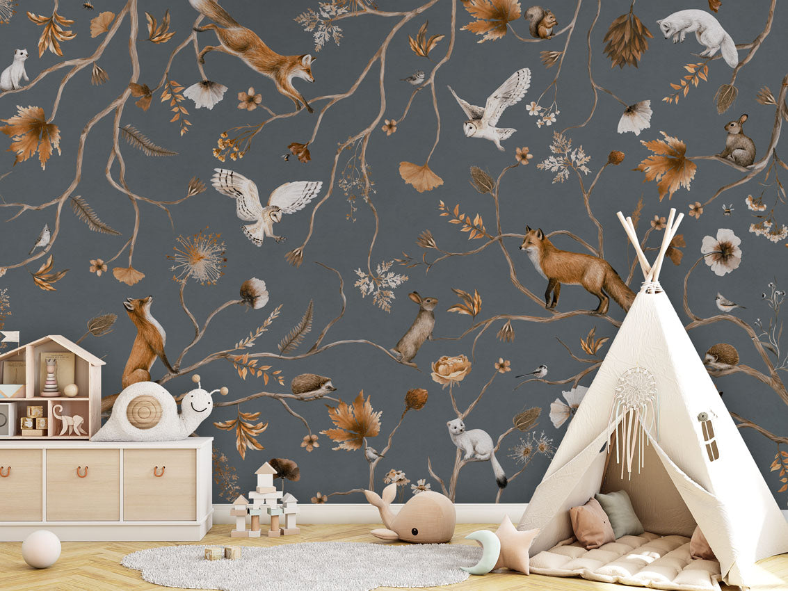Playful Forest pattern mural për dhomën e fëmijëve.