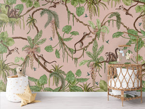 Playful Monkeys letër murale pattern me majmunë dhe palma tropikale.