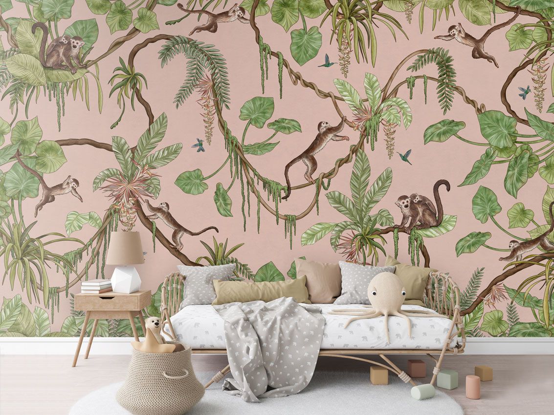 Playful Monkeys pattern mural për dhomën e fëmijëve.