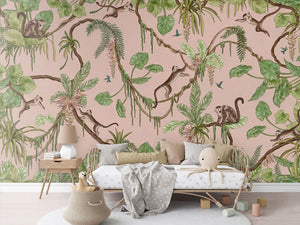 Playful Monkeys pattern mural për dhomën e fëmijëve.