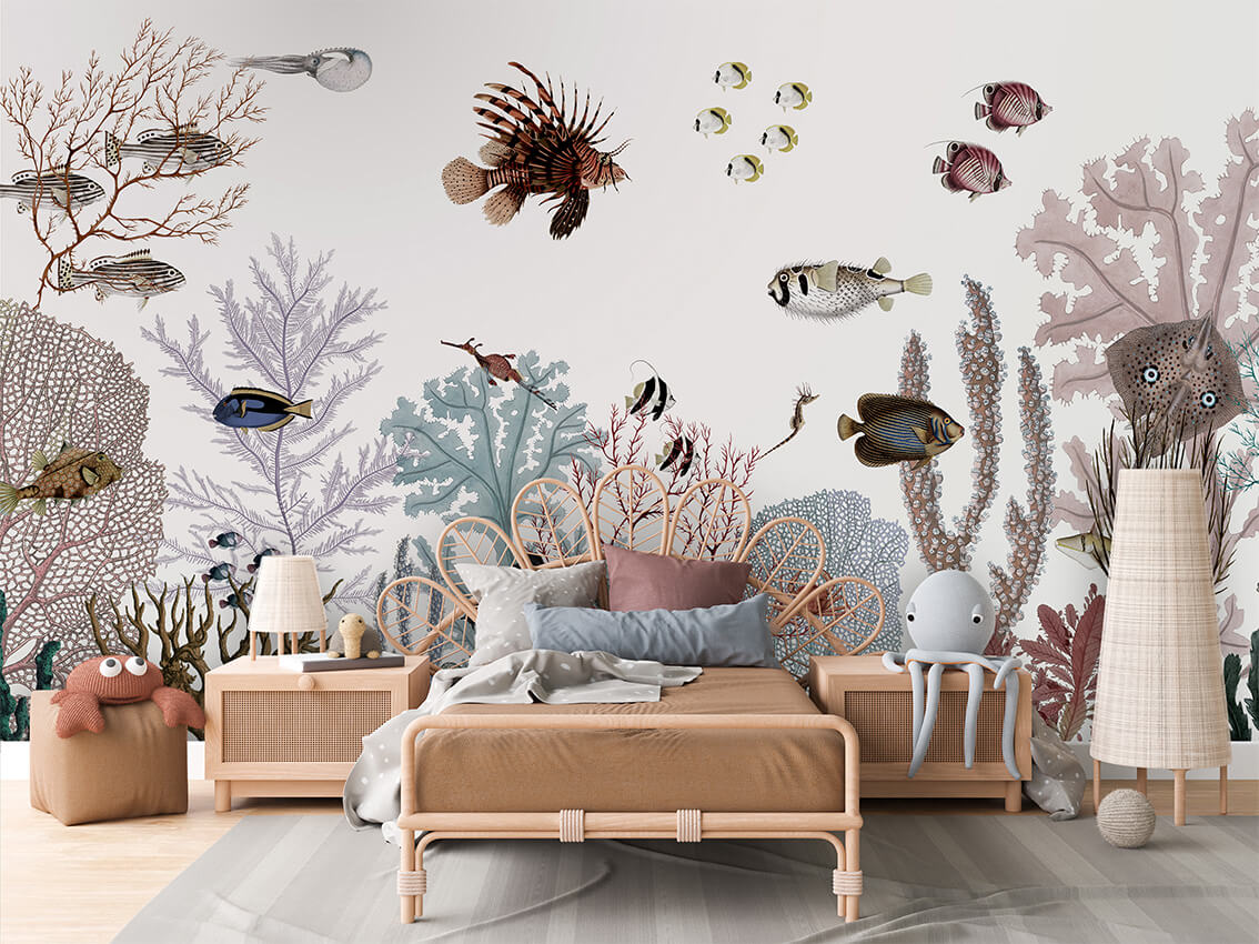 Roaring Reef White letër murale me korale dhe peshq.