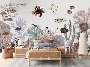 Roaring Reef White letër murale me korale dhe peshq.