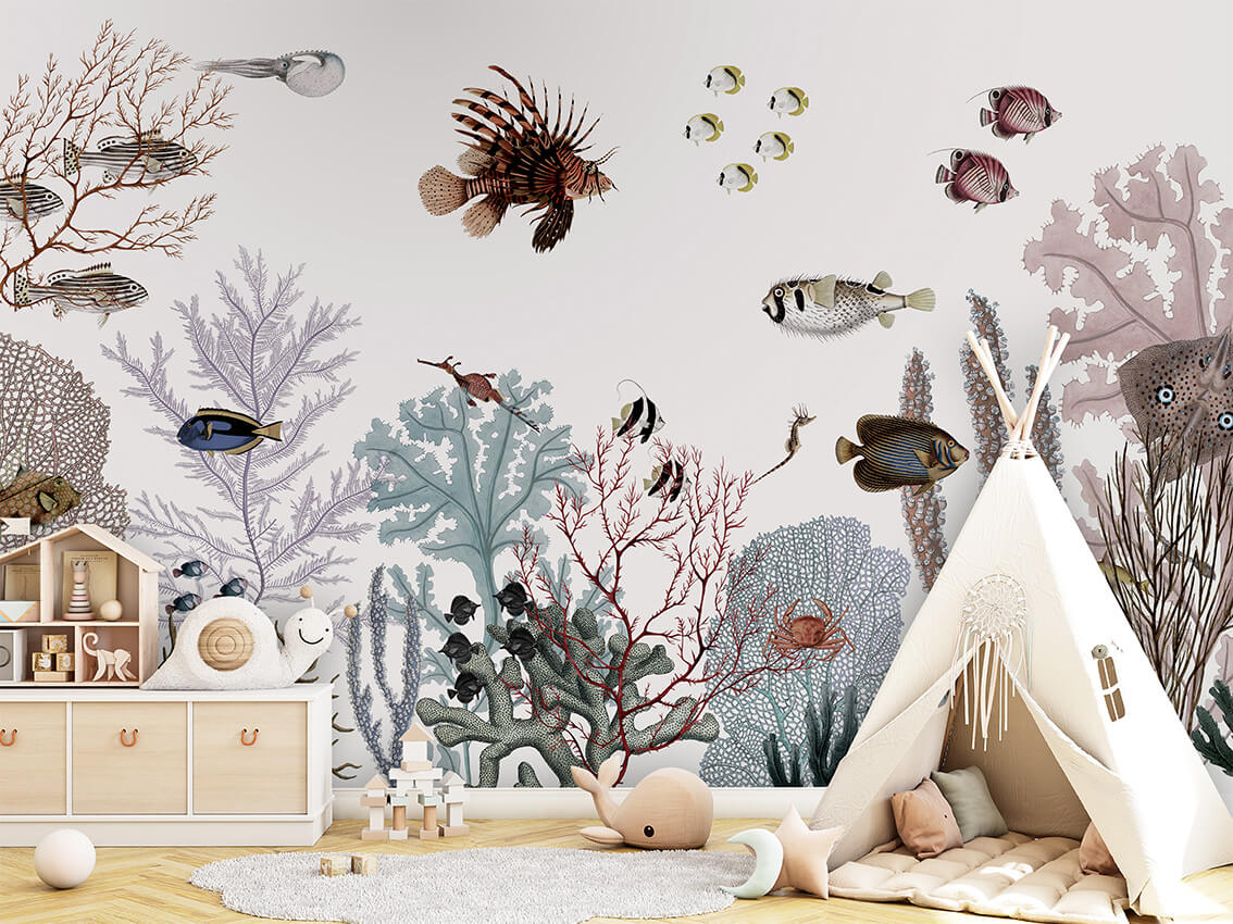 Roaring Reef White mural premium për dhomën e fëmijëve.