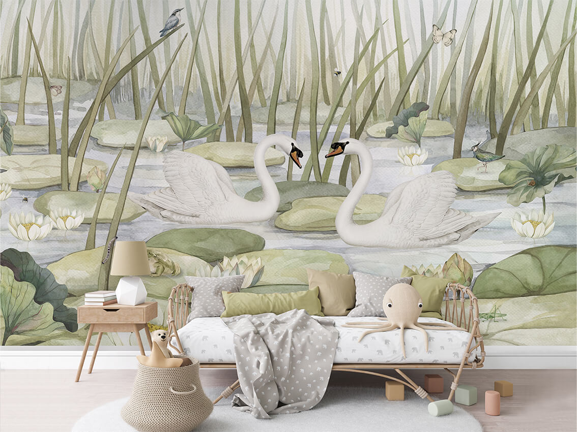 Spectacular Swans mural premium për dhomën e fëmijëve.