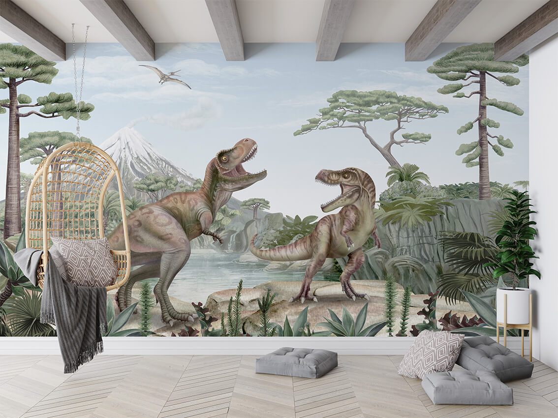 Terrific T-Rex letër murale me dinosaur T-Rex dhe peizazh prehistorik.