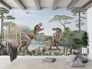 Terrific T-Rex letër murale me dinosaur T-Rex dhe peizazh prehistorik.