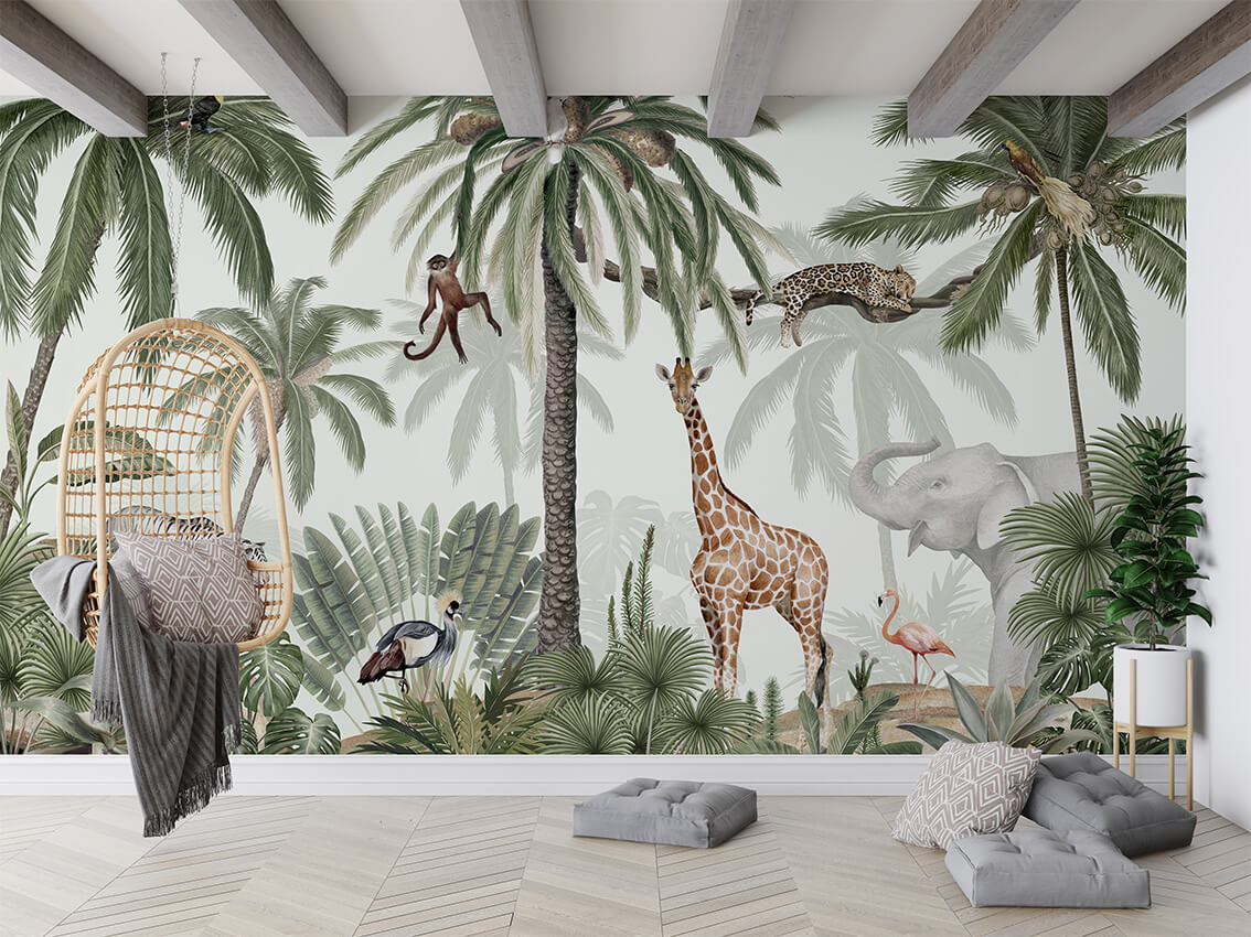 Tropical Jive letër murale me palma dhe kafshë tropikale.
