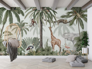 Tropical Jive letër murale me palma dhe kafshë tropikale.
