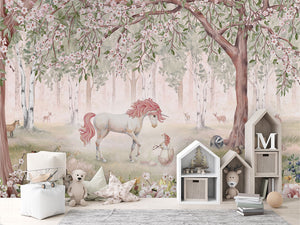Unicorn Forest Pink letër murale me njëbrirësha dhe lule.