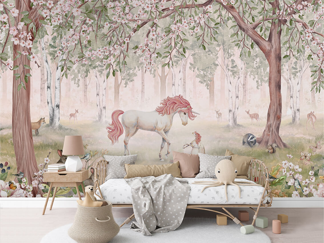 Unicorn Forest Pink mural premium për dhomën e fëmijëve.