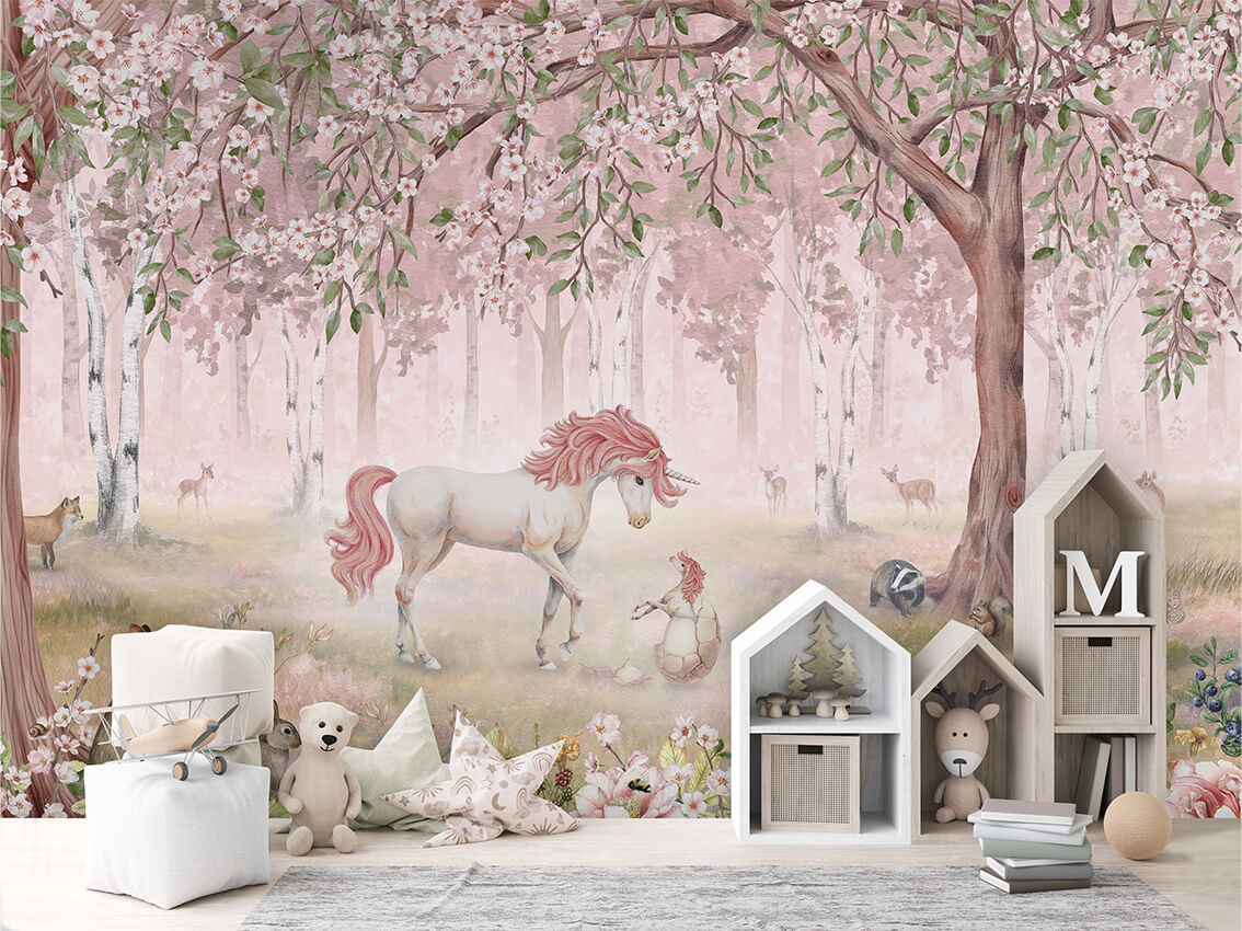 Unicorn Forest Beige ilustrim artistik me njëbrirësha.