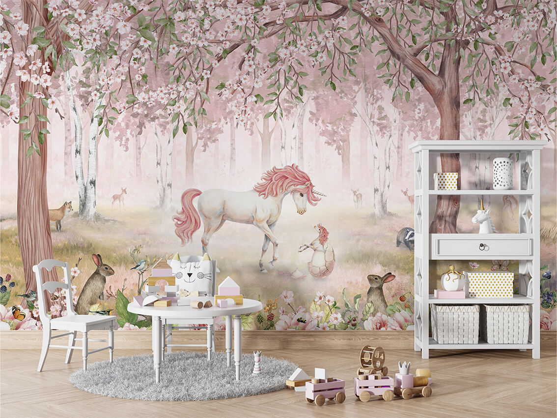 Unicorn Forest Beige mural premium për dhomën e fëmijëve.
