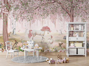 Unicorn Forest Beige mural premium për dhomën e fëmijëve.
