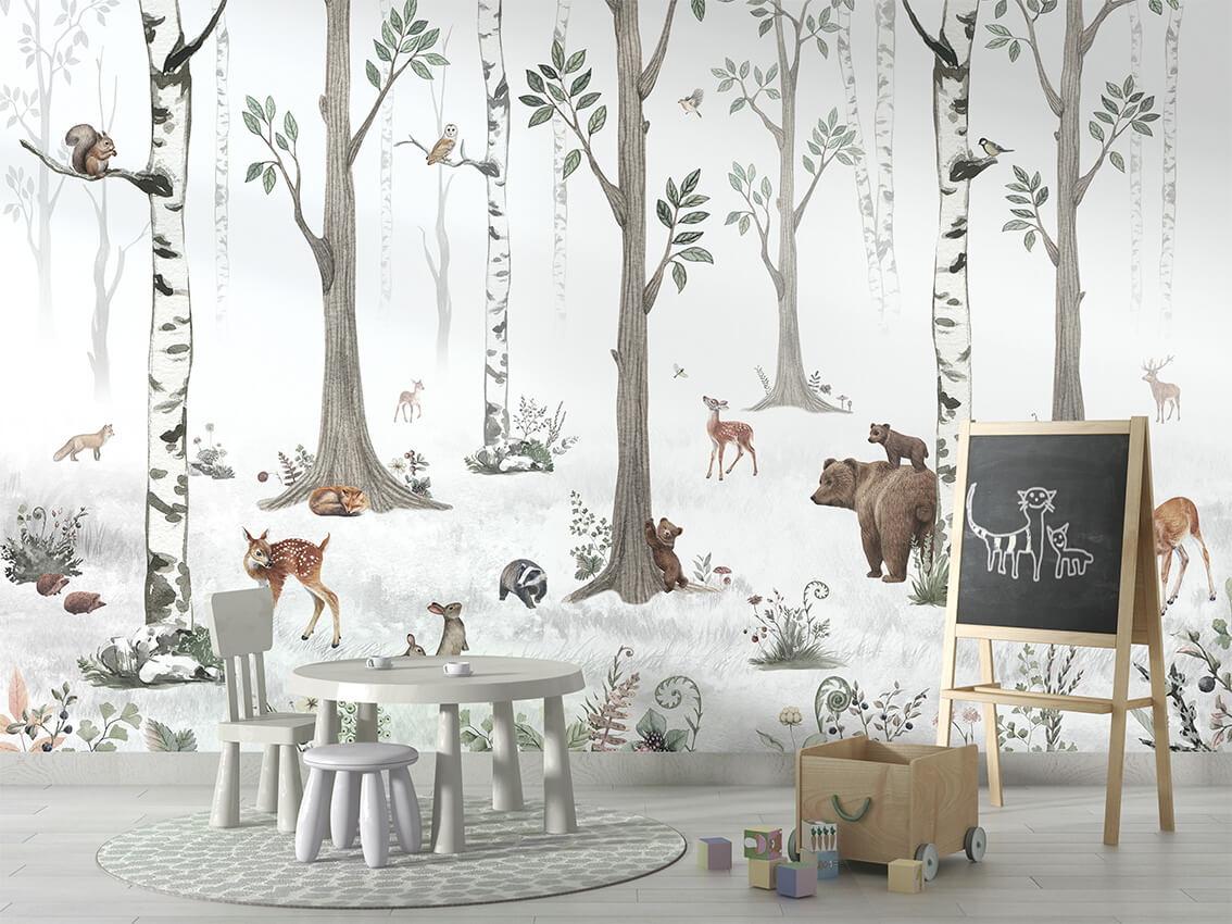 White Forest letër murale me peizazh pyjor minimalist.