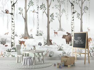 White Forest letër murale me peizazh pyjor minimalist.