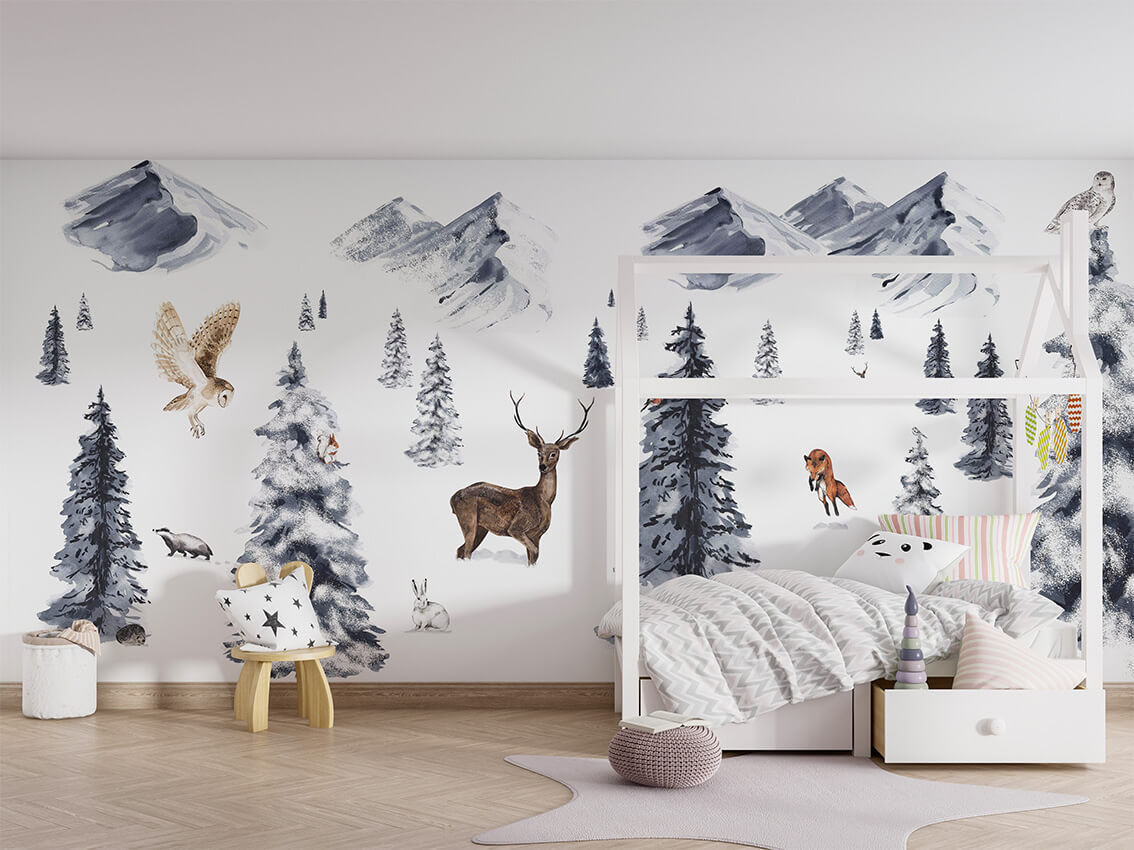 Winter Wonderland letër murale me kafshë pylli.