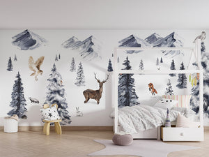 Winter Wonderland letër murale me kafshë pylli.