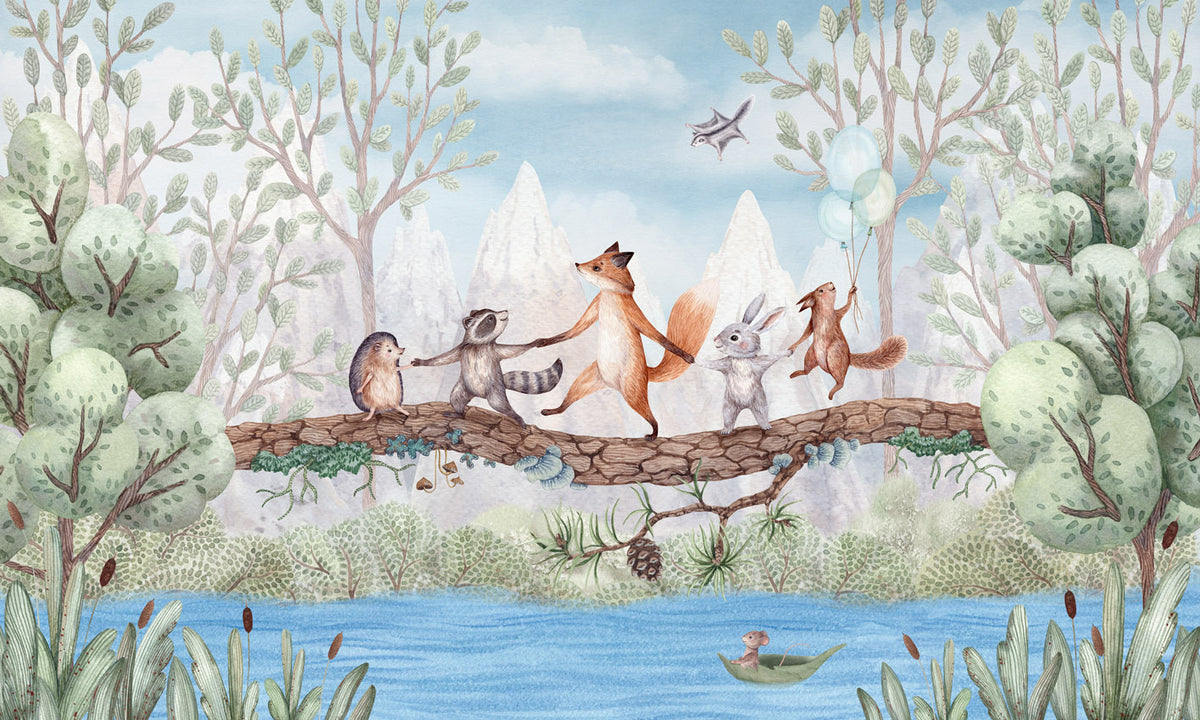 Dizajni i plotë Animal Adventure me kafshë pylli, pemë dhe liqen