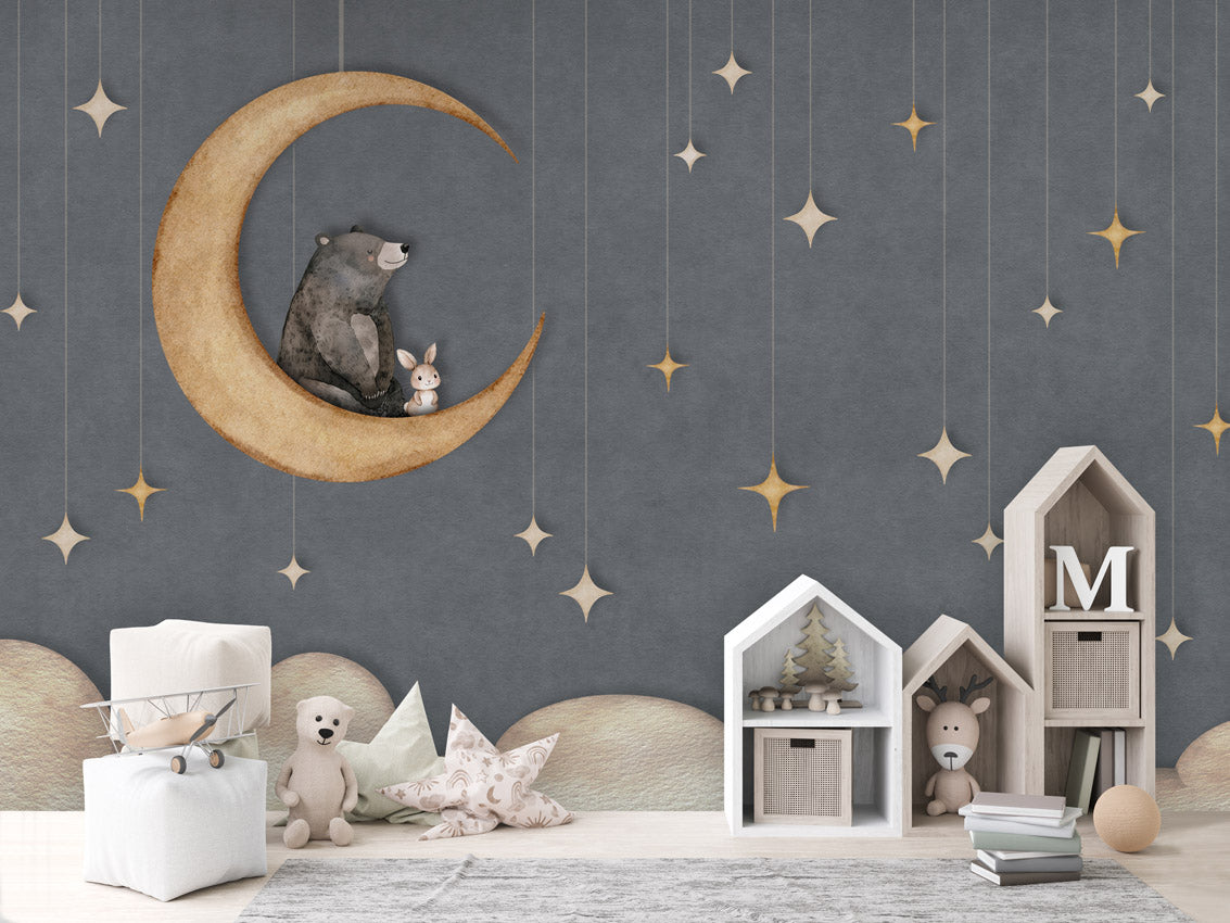 Bear on the Moon Blue nga Oliver Robins me hënë dhe yje në dhomë fëmijësh