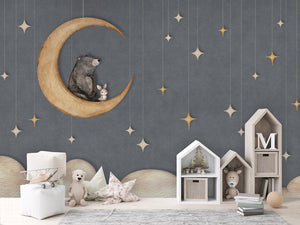 Bear on the Moon Blue nga Oliver Robins me hënë dhe yje në dhomë fëmijësh