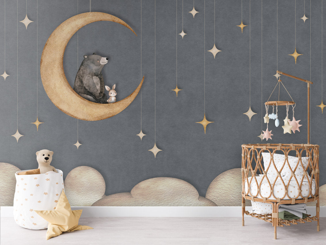 Letër murale Bear on the Moon Blue mbi krevat bebeje