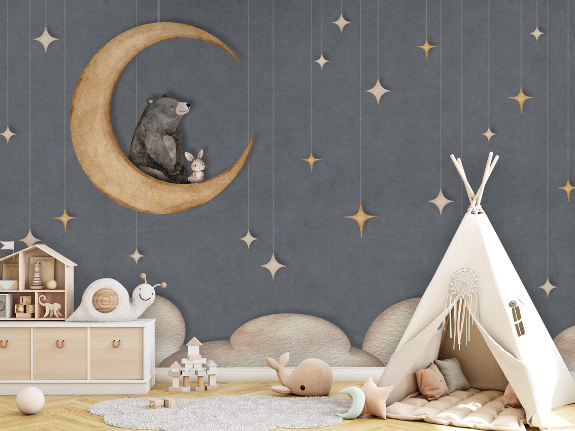 Letër murale Bear on the Moon Blue në kënd loje me tendë tipi