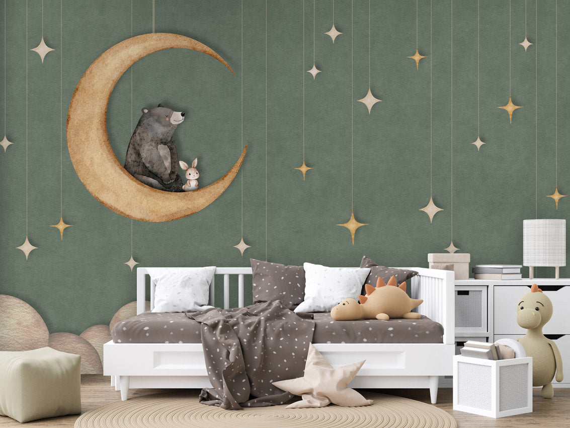 Bear on the Moon - Green – letër murale për dhomë fëmijësh, Couch