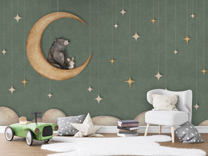 Bear on the Moon - Green – letër murale për dhomë fëmijësh, Green car