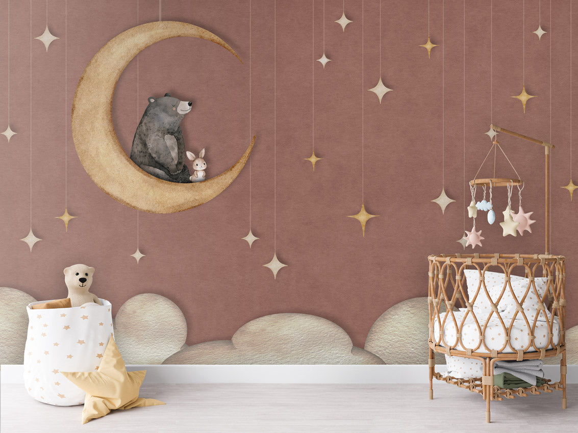 Bear on the Moon - Red – letër murale për dhomë fëmijësh, Crib rotan