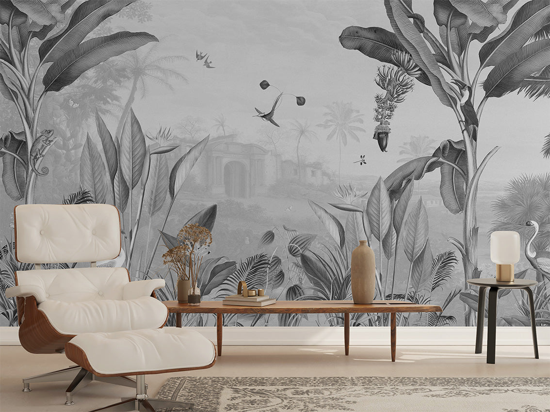 Botanical Beauty – B&W, letër murale në ambient – Living room 1