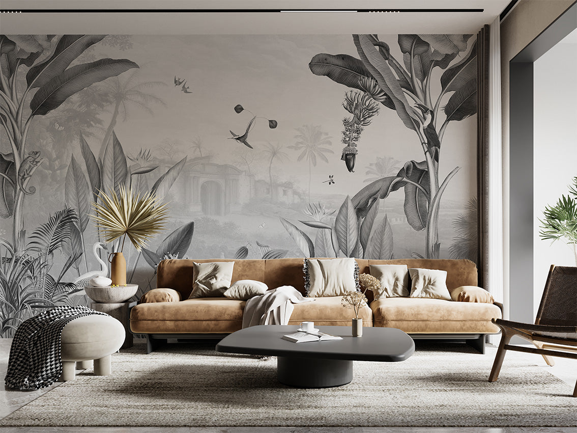 Botanical Beauty – B&W, letër murale në ambient – Living room 2