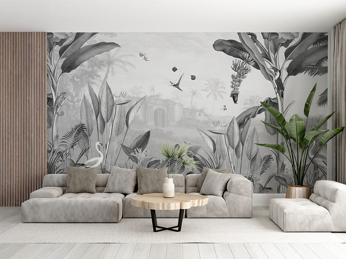 Botanical Beauty – B&W, letër murale në ambient – Living room 3