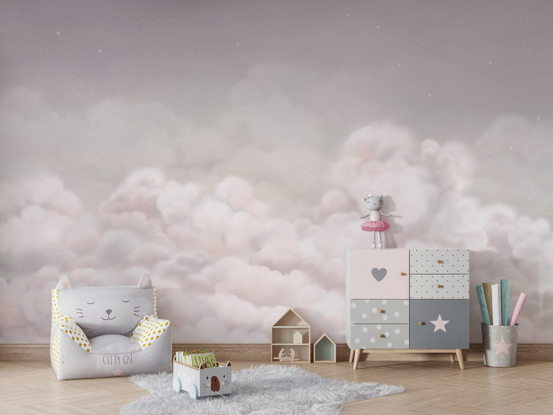 Calming Clouds - Pink – letër murale për dhomë fëmijësh, Chair and cabinet