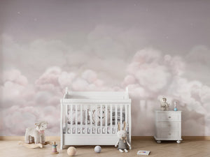 Calming Clouds - Pink – letër murale për dhomë fëmijësh, Crib white