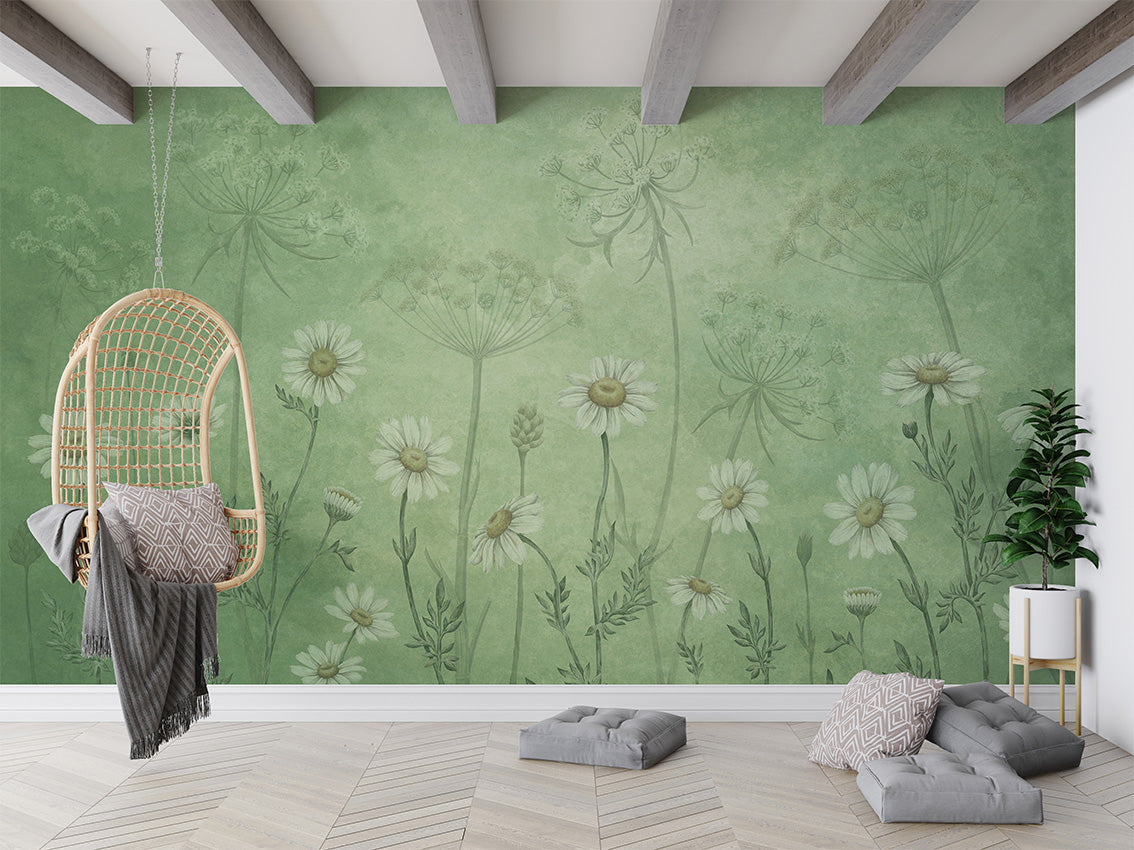 Dazzling Daisies – Green, letër murale në ambient – Living room 1