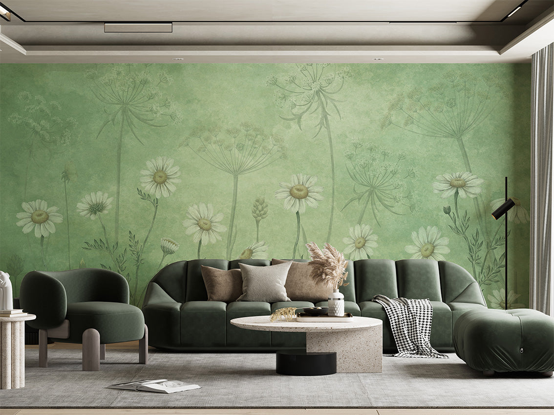Dazzling Daisies – Green, letër murale në ambient – Living room 2