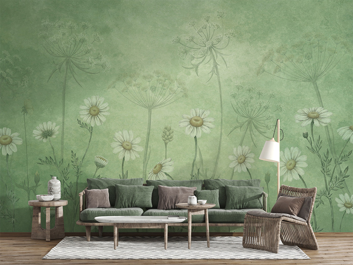 Dazzling Daisies – Green, letër murale në ambient – Living room 3