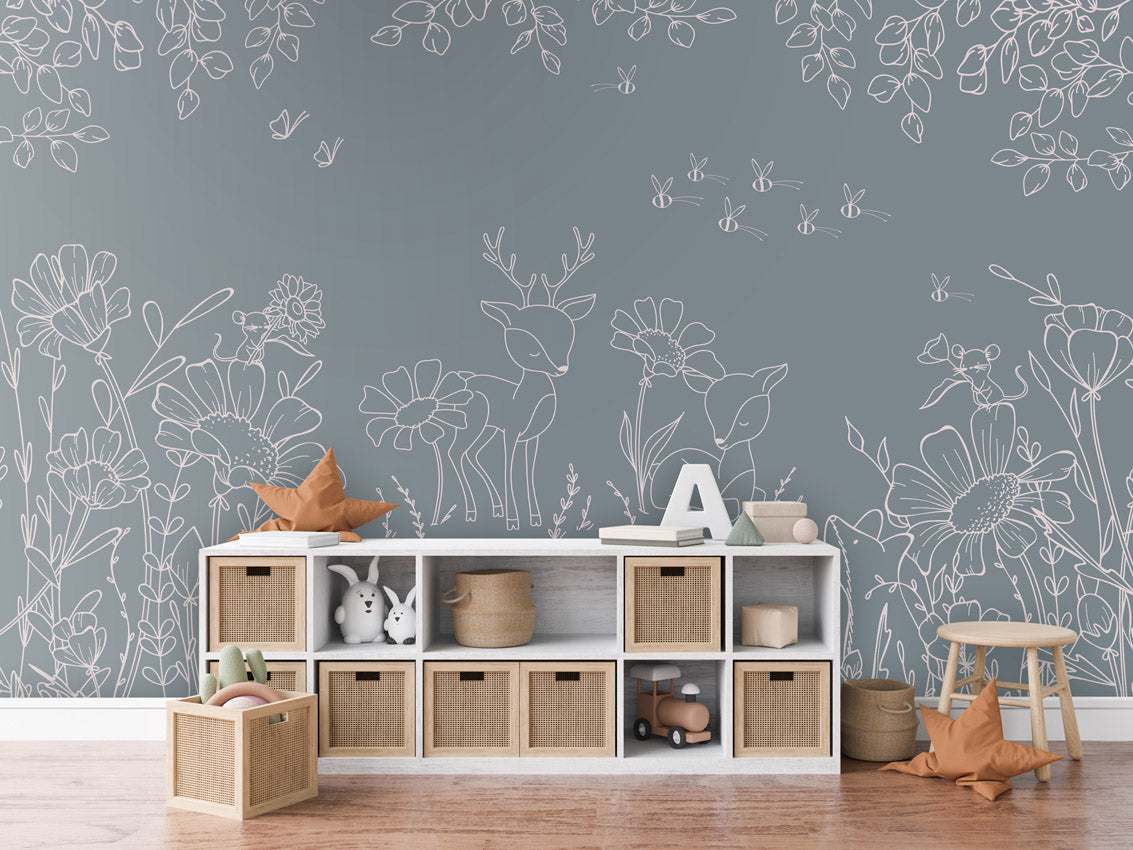 Deer Doodles - Blue – letër murale për dhomë fëmijësh, Dressoir