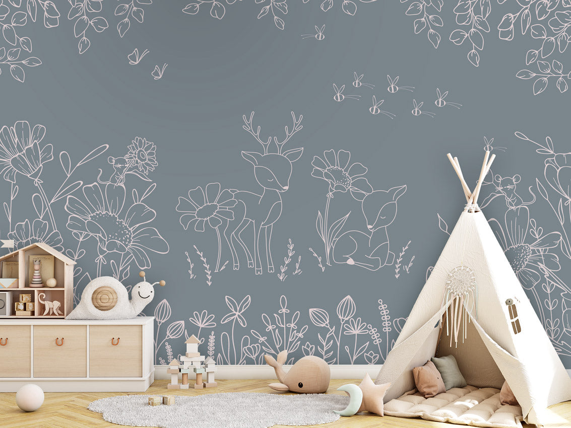 Deer Doodles - Blue – letër murale për dhomë fëmijësh, Tipi
