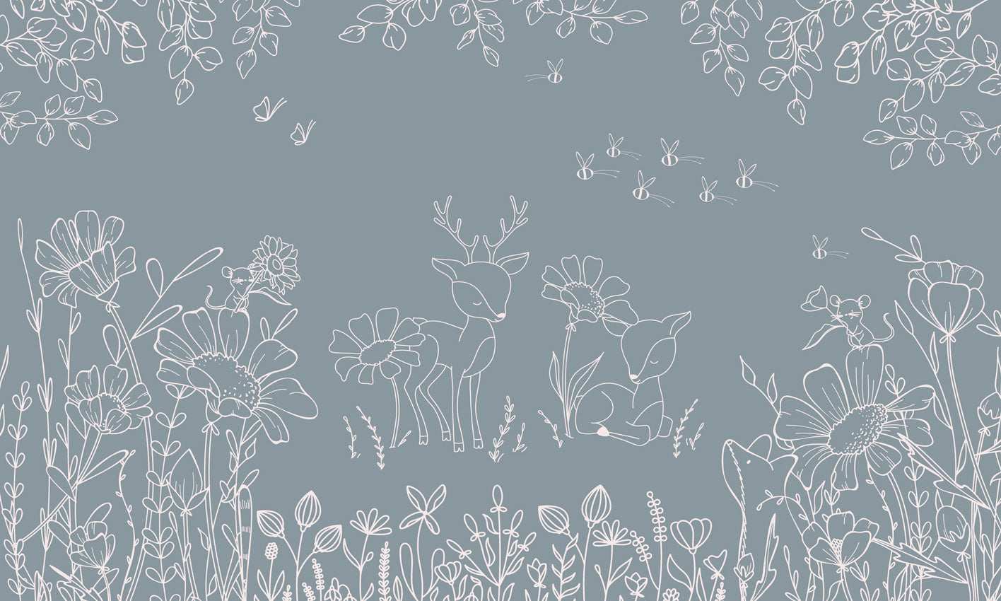 Deer Doodles - Blue nga Oliver Robins – dizajni i plotë me drerë, lule dhe flutura