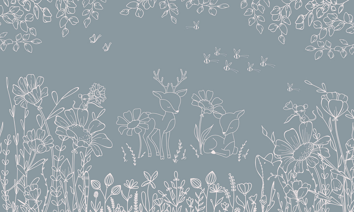 Deer Doodles - Blue nga Oliver Robins – dizajni i plotë me drerë, lule dhe flutura