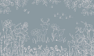 Deer Doodles - Blue nga Oliver Robins – dizajni i plotë me drerë, lule dhe flutura