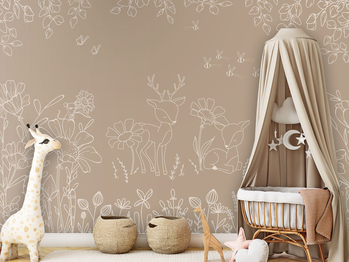 Deer Doodles - Brown – letër murale për dhomë fëmijësh, Crib clamboe