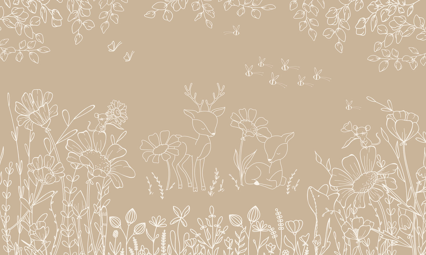 Deer Doodles - Brown nga Oliver Robins – dizajni i plotë me drerë, lule dhe flutura