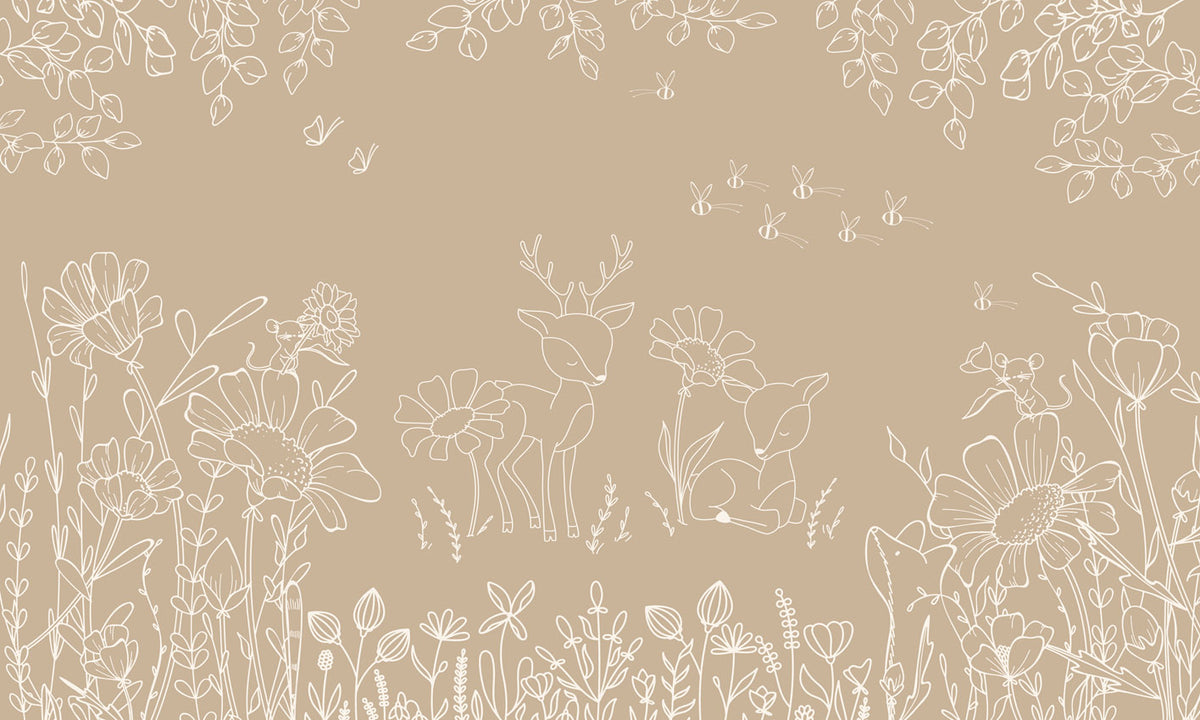 Deer Doodles - Brown nga Oliver Robins – dizajni i plotë me drerë, lule dhe flutura