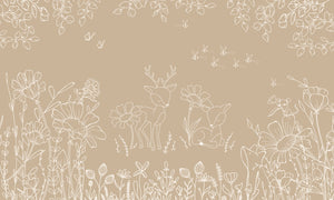 Deer Doodles - Brown nga Oliver Robins – dizajni i plotë me drerë, lule dhe flutura