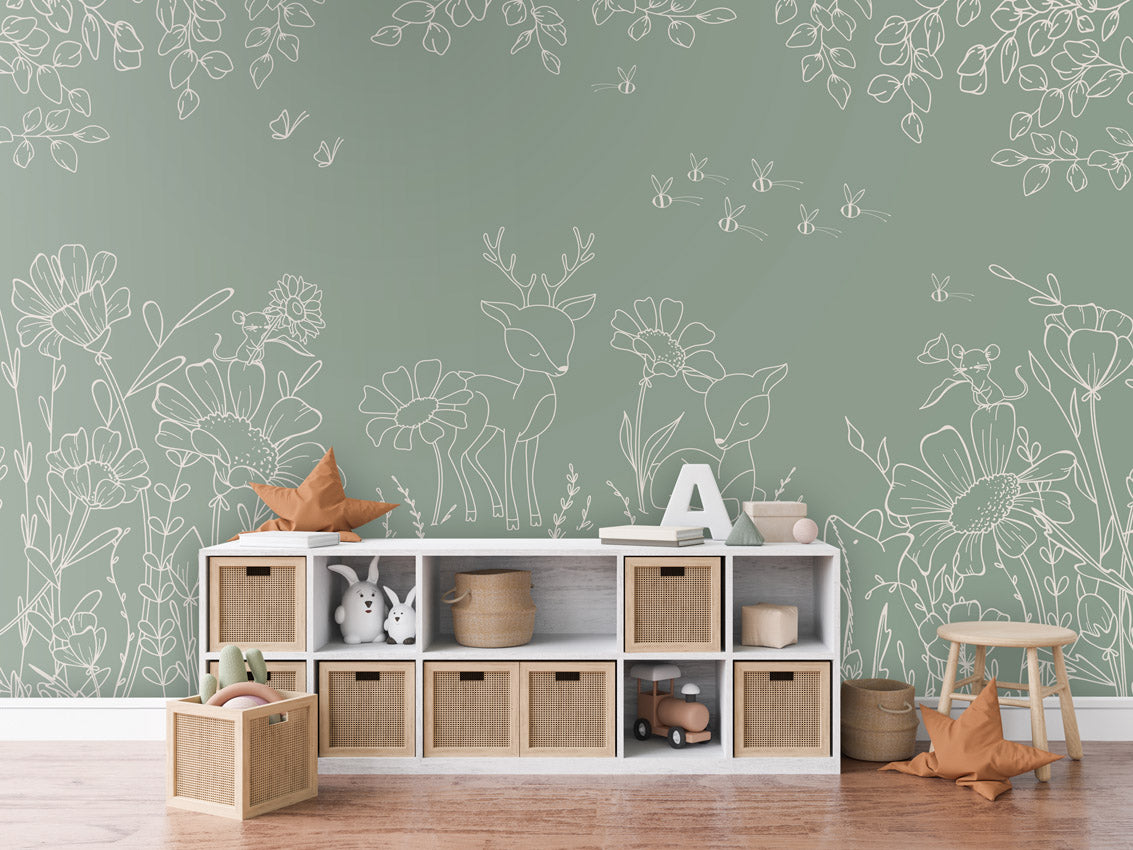 Deer Doodles - Green – letër murale për dhomë fëmijësh, Dressoir