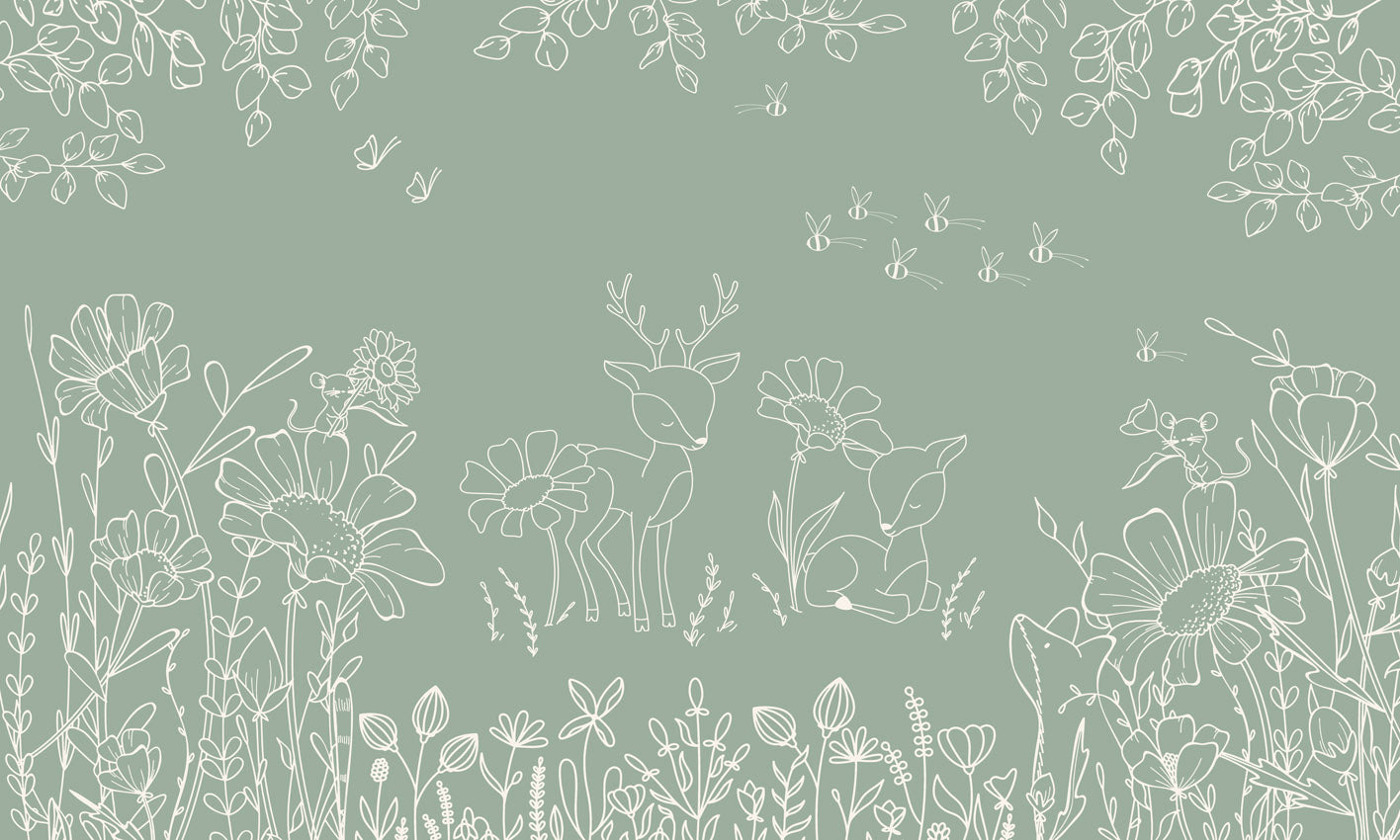 Deer Doodles - Green nga Oliver Robins – dizajni i plotë me drerë, lule dhe flutura